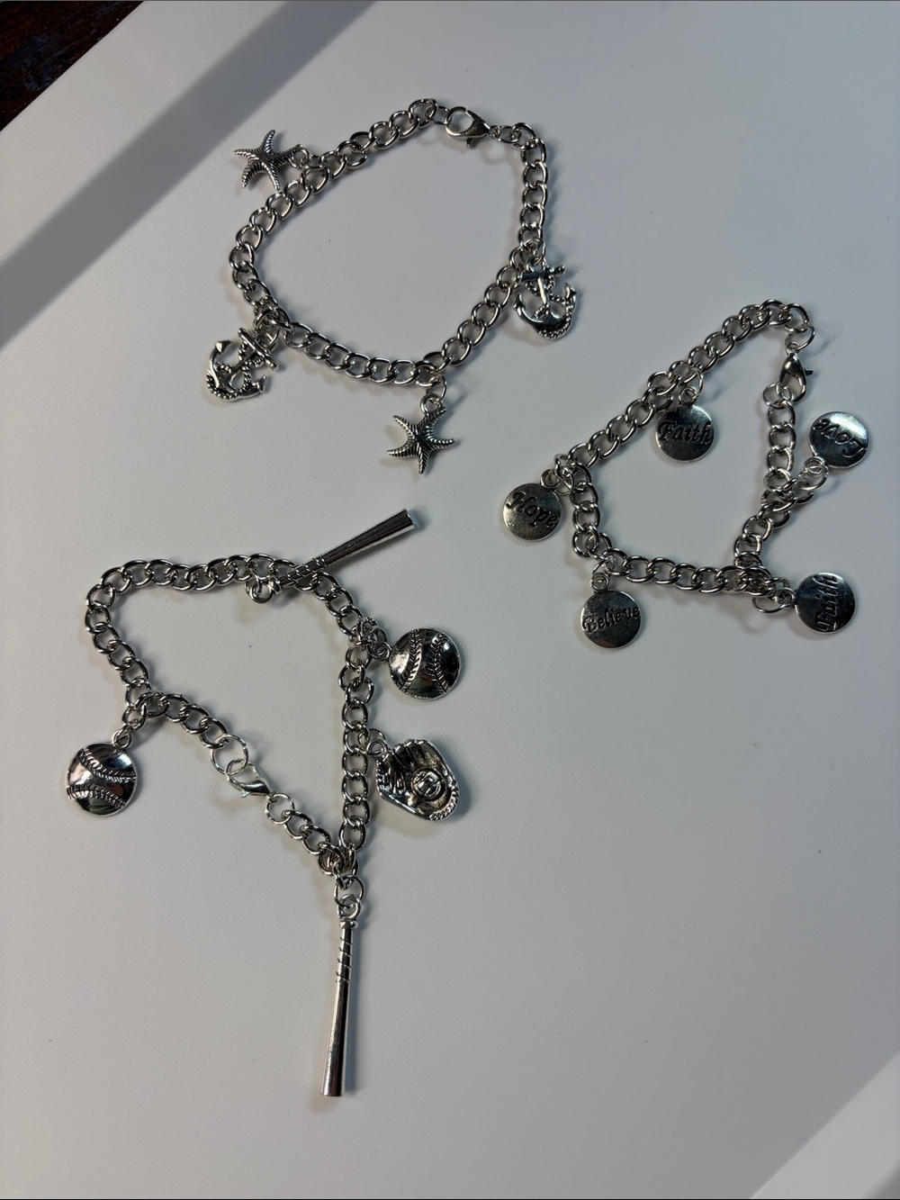 Silver Charm Bracelet Set - Starfish, Baseball & Token Charms